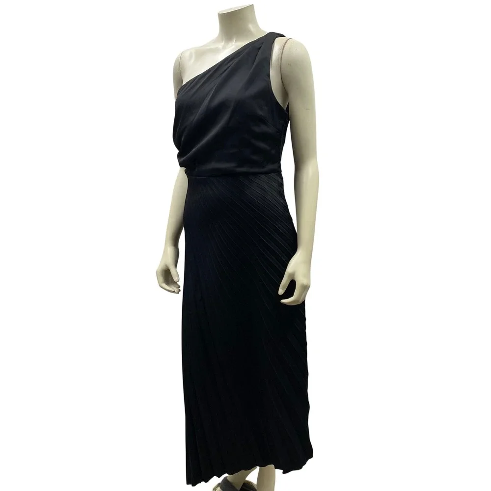 Sam Edelman $138Black One Shoulder Pleated Midi Dress Cocktail‎ Formal 6 NWT
